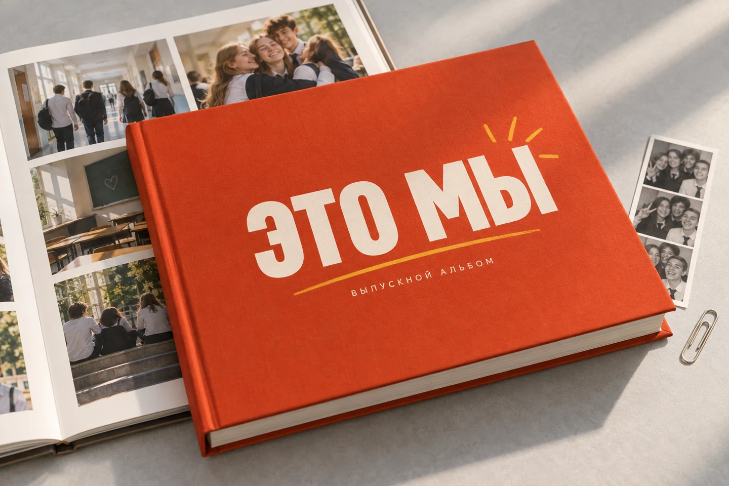 Иллюстрация выпускного фотоальбома с надписью «Это мы» на оранжевой обложке